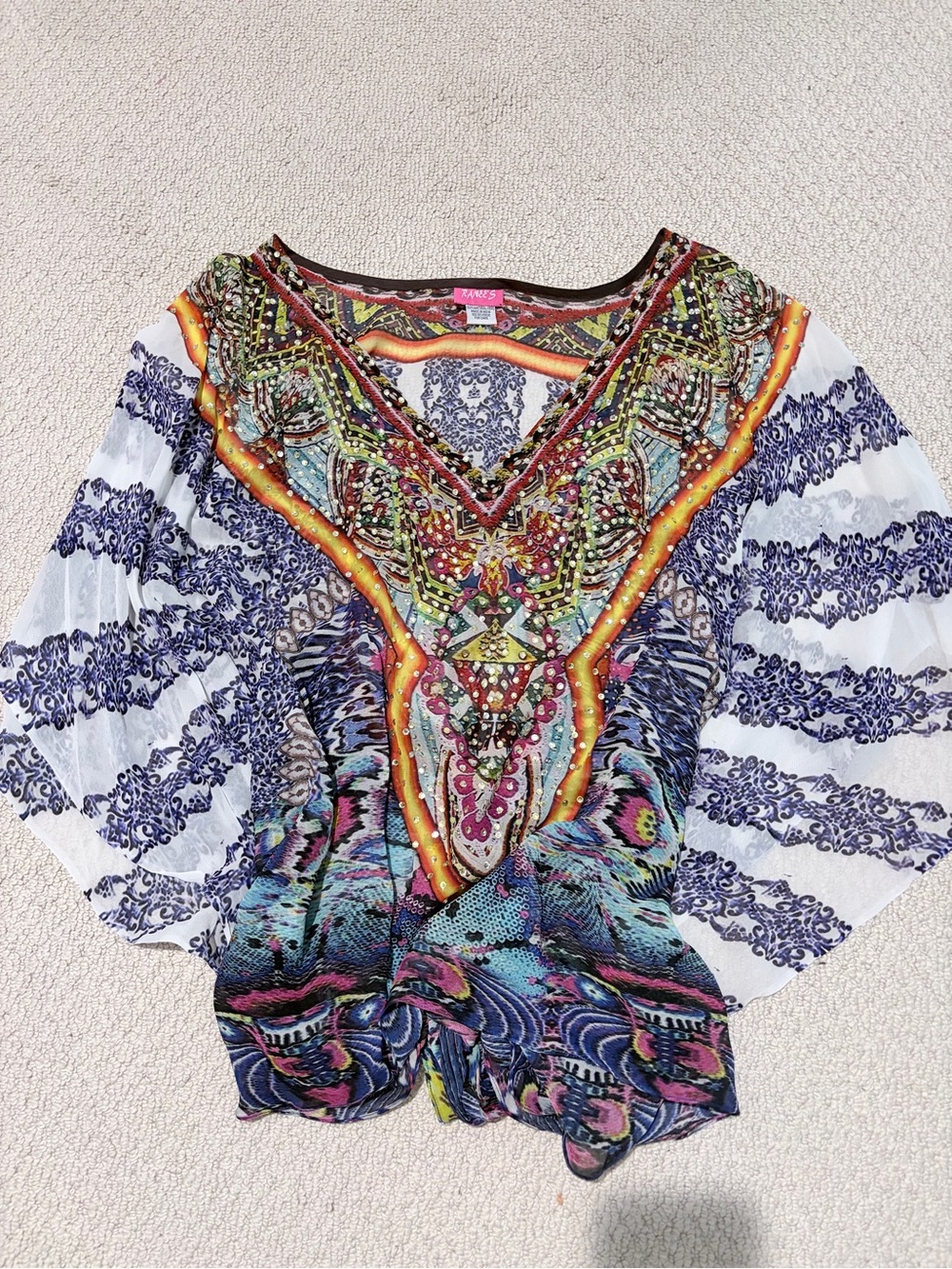 Ranee’s Crystal Embellished Mixed Print Kaftan Cover-Up Top